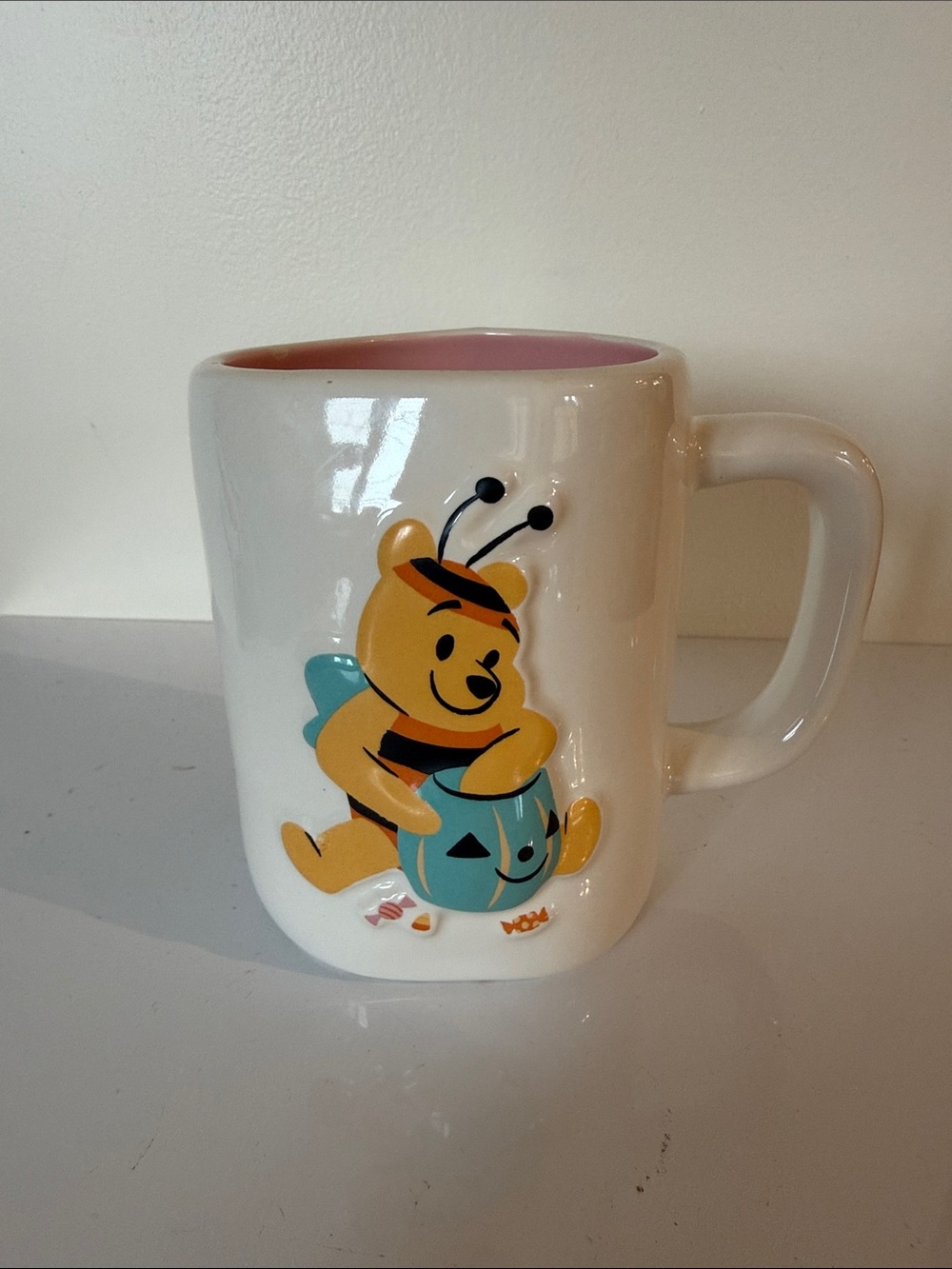 Rae Dunn White Ceramic Kids Mug with Winnie The Pooh Bee and Pink Interior